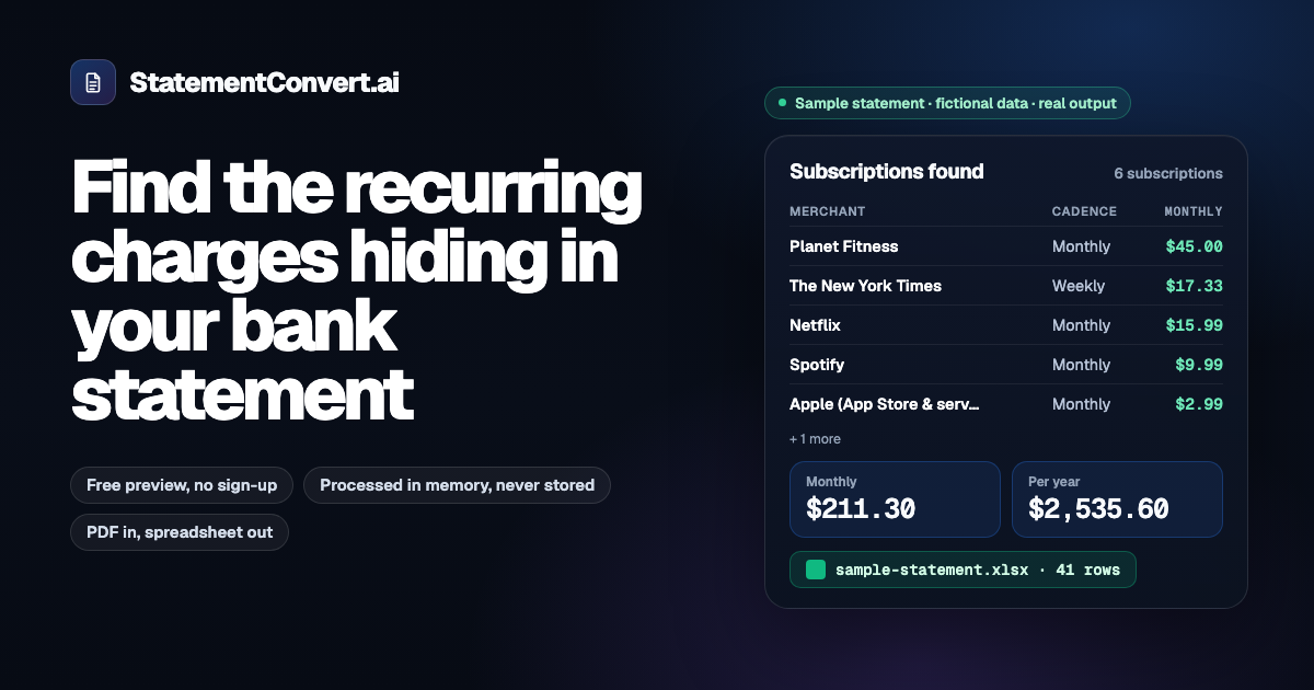 statementconvert.ai — Convert PDF Bank Statements to Excel, CSV, JSON & XML